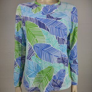 IBKUL blue green leaf print long sleeve athletic top shirt womens Large